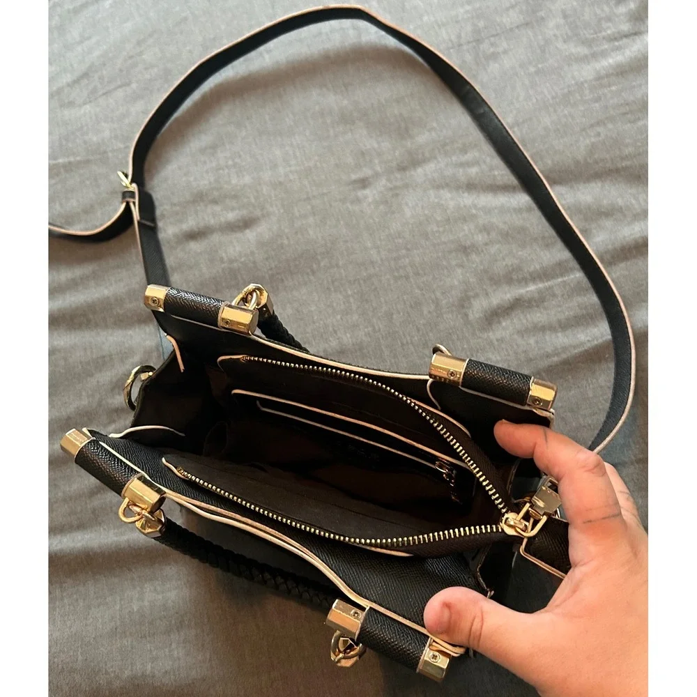 Bebe Black Saffiano Crossbody Satchel Bag Braided Handle Gold Logo Medallion